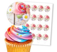 Pink Rose Daisy Forget Me Not Garden, 16 Wafer Cupcake Stand-Up Toppers
