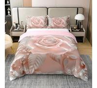 Pink Rose Duvet Cover Set 3D Pearl Flowers Cotton Comforter Cover - Rustic Aesthetic Floral Single Bedding Sets for Girls, Garden Plants Boho Bed Set