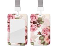 Pink Rose Floral Id Badge Holder with Lanyard Waterproof Key Card Holder Case Id Card Protector with Clear Id Window Name Tags for Women Men Work Office Doctor Nurse