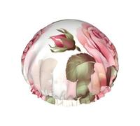 Pink Rose Floral Shower Cap For Women Reusable Double Layers Bathing Bath Cap Hair Caps Waterproof Elastic Band Ladies Spa Salon Shower Hat Hair Caps