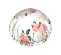 Pink Rose Flower with Leaves Print Shower Cap â€“ Reusable, Double Layer, with Elastic Band â€“ Perfect for Home, Spa, Hotel, and Travel