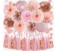 Pink Rose Gold Baby Shower Decorations Oh Baby Rose Gold and Pink Baby Shower Decorations Girl Pastel Dusty Blush Rose Pom Poms Fans Lanterns Party Decor with Paper Tassel Garland