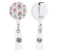 Pink Rose Green Leaves Simple Floral Retractable Badge Holder Reel Clip ID Card Holder for Doctor Nurse Student Office Worker