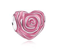 Pink Rose Heart Charm 925 Silver Charm Compatible with Pandora Charms, Trollbeads, Chamilia, Biagi and Many Other UK Charm Bracelets.