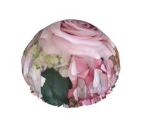 Pink Rose Hydrangea Print Shower Cap for Women Men, Reusable Double-Layer Fabric Bathing Cap Girls Hair Caps, 27 CM