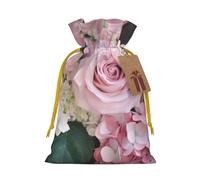 Pink Rose Hydrangea Printed Christmas Drawstring Bags,M | Reusable Xmas Gift Storage Bags, Yellow Christmas Ribbon