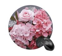 Pink Rose Hydrangea Round Mouse Pad, Non-Slip Rubber Base Waterproof Washable, Computer Mouse Mat for Office Gaming Studying, Premium-Textured Durable Portable Circle Mousepad for Desktop PC Notebook