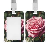 Pink Rose Id Badge Holder with Lanyard, Clear Vertical Card Protector Waterproof, Breakaway Safety Neck Strap, Heavy Duty Name Tag Holder for Nurse Teacher Officer Staff Women Men
