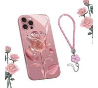 Pink Rose Lanyard Hard Case for iPhone,All-Inclusive Lens Design Phone Cover,Crystal Clear Flower Floral Design,Mirror Glass Back Anti-Wear,Bumper Slim Phone Case (Pink,for iPhone11)