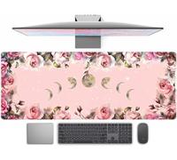 Pink Rose Moon Phase Extended XL Large Gaming Mousepad, Pastel Floral Desk Decor, Computer Laptop Keyboard and Wireless Mouse Mat with Stitched Edges, 31.5x11.8 in