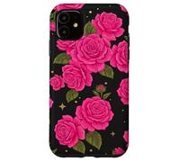Pink Rose Pattern Black Background Floral Bloom Case for iPhone 11