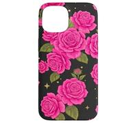 Pink Rose Pattern Black Background Floral Bloom Case for iPhone 15