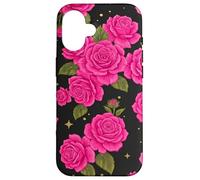 Pink Rose Pattern Black Background Floral Bloom Case for iPhone 16