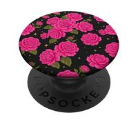 Pink Rose Pattern Black Background Floral Bloom PopSockets Adhesive PopGrip