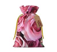 Pink Rose Printed Christmas Drawstring Bags,S | Reusable Xmas Gift Storage Bags, Yellow Christmas Ribbon