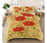 Pink Rose Red Flower Duvet Cover Set Twin Size, Green Leave Bedding Set, Romantic Comforter Cover with 2 Pillow Shams, Comfy Breathable Lightweight European Pastoral Comforter Cover
