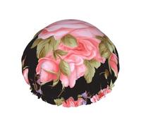 Pink Rose Shower Cap For Women Reusable Double Layers Bathing Bath Cap Hair Caps Waterproof Elastic Band Ladies Spa Salon Shower Hat Hair Caps