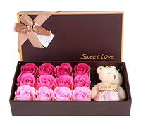 Pink Rose Soap Flower & Plush Bear Gift Set, 12 Rose Soap Flowers in Elegant Gift Box, Romantic Fragrant Soap Roses for Valentine's Day Anniversaries Birthdays Showing Love and Appreciation