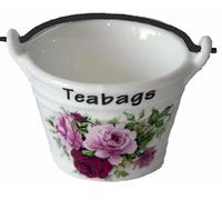 Pink Rose Teabag Tidy, Porcelain Bucket Shaped Teabag Tidy with Pink Roses on Each Side