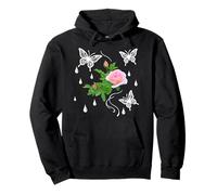 Pink Rose With Butterflies & Dew Drops on Black Shapes Mania Pullover Hoodie