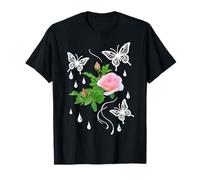 Pink Rose with Butterflies & Dew Drops on Black Shapes Mania T-Shirt