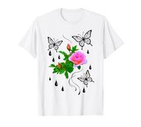 Pink Rose with Butterflies & Dew Drops Shapes Mania T-Shirt