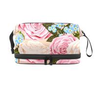 Pink Roses and Blue Florals Double Layer Cosmetic Bag for Women and Girls, Travel Toiletry Bag Makeup Handy Pouch Organiser Bag with Brush Compartment