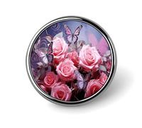 Pink Roses And Butterflies Button Pin Personalized Metal Lapel Pins Badges Classic Round Brooch Pin Novelty Unique Enamel Pins Cute Funny Pinback Button Badge for Jackets Backpacks Bags Coat