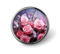 Pink Roses And Butterflies Lapel Pins Metal Pin Badge Personalized Pinback Button Badges Classic Round Badge Recognition Enamel Lapel Pin for Jackets, Backpacks, Bags