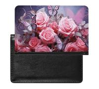 Pink Roses And Butterflies Passport Cover Family Printed Leather Passport Holder Minimalist Front Pocket Slim Travel Wallet Cover Case Lightweight Credit Card Holder for Women Men