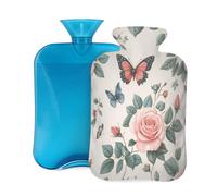 Pink Roses Butterflies Vintge Flower Hot Water Bottle with Cover, 2L Large Capacity Hot Water Bag for Hot Cold Compress, Hand Feet Warmer, Neck Shoulder Pain Relief