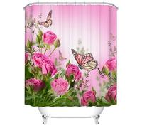 Pink Roses Butterfly Floral Shower Curtain, Romantic Pink Blossom Rose Flower Spring Nature Scenery Bathroom Curtain for Girls Women