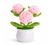 Pink Roses Crochet Flowers, 3 Head Rose Handmade Knitted Flowers with Card & Gift Box, Crochet Flower for Girlfriend Wife Woman, Crochets Flower Bouquet Potted Plants for Home Office Tables Decor