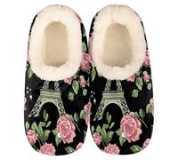 Pink Roses Eiffel Tower Slippers for Women Slipper Socks Soft House Slippers Shoes for Bedroom Indoor, Winter Cozy Christmas Gifts