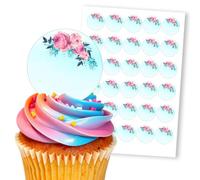 Pink Roses Floral Border Light Blue, 30 Edible Paper 1.5" Cupcake Toppers