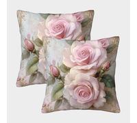 Pink Roses Floral Design-Vintage Garden Style Art Pillow Covers 2 Pack Cozy Pillowcases Available All Seasons Cushion Cover with Zipper Decorative for Couch Livingroom 45x45cm