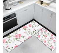 Pink Roses Kitchen Rug Set 2 Piece with Green Non Slip Machine Washable Kitchen Mats for Floor Classic Pastoral Style Kitchens Floor Mat Carpet Runner Rugs for Laundry Holiday Decor