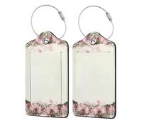 Pink Roses Oval Frame Vintage,Luggage Tags Pu Leather Name Tag Travel Suitcase Identifier ID Tags Durable Luggage Label 2 pcs