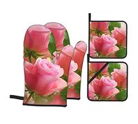 Pink Roses Oven Gloves and Pot Holder 4pcs Set, Waterproof Insulated Oven Gloves and Pot Holder Set, Suitable for Kitchen Baking Cooking Roasting