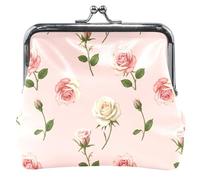 Pink Roses Pastel White Floral Personalized Women Cute Coin Purse Leather Buckle Kiss Lock Change Bag Card Pouch