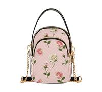Pink Roses Pastel White Floral Women Shoulder Handbag Quilted Chain Strap Cell Phone Handbag Cute Designer Satchel Crossbody Bag