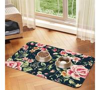 Pink Roses Peonies Green Leaves,Waterproof Pet Feeding Mat,PU Leather Placemats for Cat Dog Water Bowl,Food Mats,40x60cm