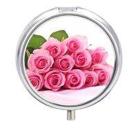 Pink Roses Pill Box Round Pill Case for Purse & Pocket 3 Compartment Medicine Pill Organizer Portable Travel Pillbox Medicine Vitamin Cod Liver Oil Storage Box