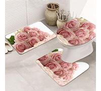 Pink Roses Printed Flannel Anti-Slip Bath Mat Set Of 3-80x50cm | Bathroom Rug Set - Bath Mat + U-Shaped Pedestal Mat + O-Shaped Toilet Seat Cover