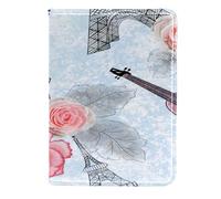 Pink Roses Violin with Eiffel Tower Passport Holder Travel Wallet Leather Card Case Cover, 11.5x16.5cm