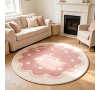 Pink Round Rug Washable, 160cm Nursery Non Slip Low-Pile Floral Scallop | Machine Washable Throw Carpet for Girls Bedroom Nursery Playroom Soft Indoor Cute Flower Pink Scalloped Edge