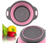 Pink Round Silicone Colander Collapsible - Foldable Kitchen Strainer Small Collapsible Colander Pink with Plastic Handles for Draining Vegetable and Fruit Round Silicone Kitchen Strainer for Pasta