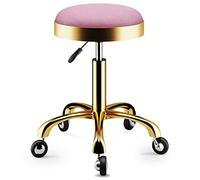 Pink Round Stool with Globe Wheels, Titanium Gold 5 Claws Swivel Chair Adjustable 43-58 cm, Beauty Salon Makeup Rolling Bar Stool
