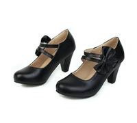 Pink Round Toe Kitten Heel Pumps with Bowknot Ankle Straps - Stylish Lolita PU Leather Chunky Shoes for Women Dance and Work Footwear