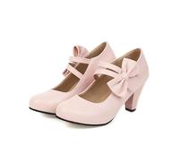 Pink Round Toe Kitten Heel Pumps with Bowknot Ankle Straps - Stylish Lolita PU Leather Chunky Shoes for Women Dance and Work Footwear